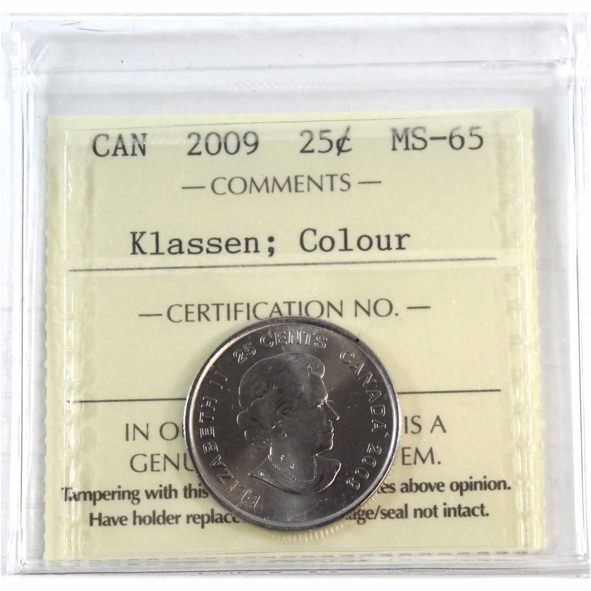2009 Coloured Cindy Klassen Canada 25-cents ICCS Certified MS65