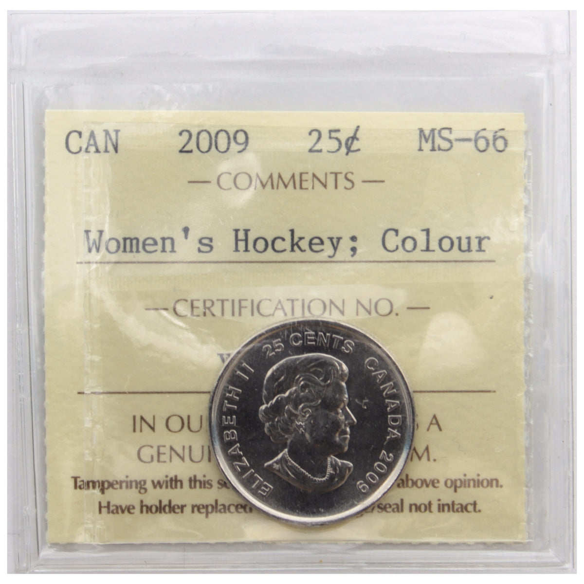 2009 Women's Hockey Coloured Canada 25-cents ICCS Certified MS66