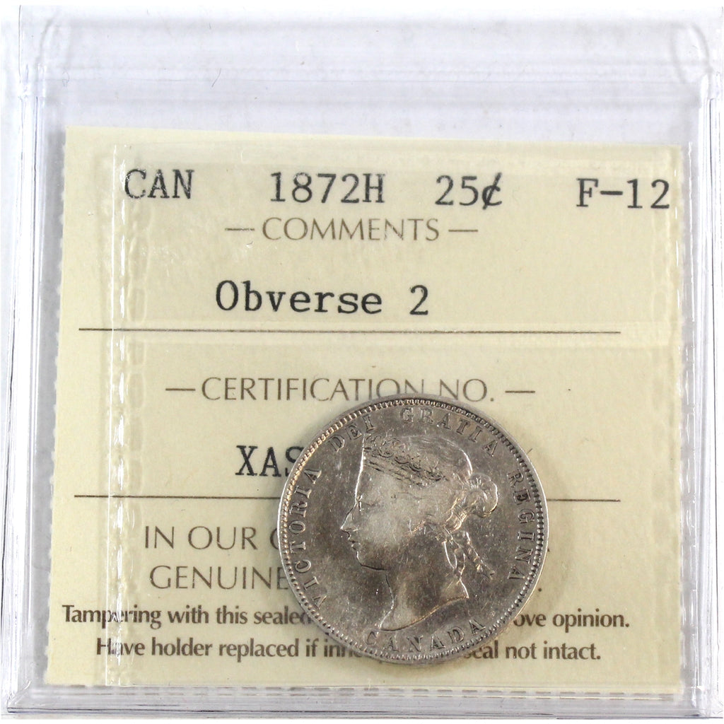 1872H Obv. 2 Canada 25-cents ICCS Certified F12