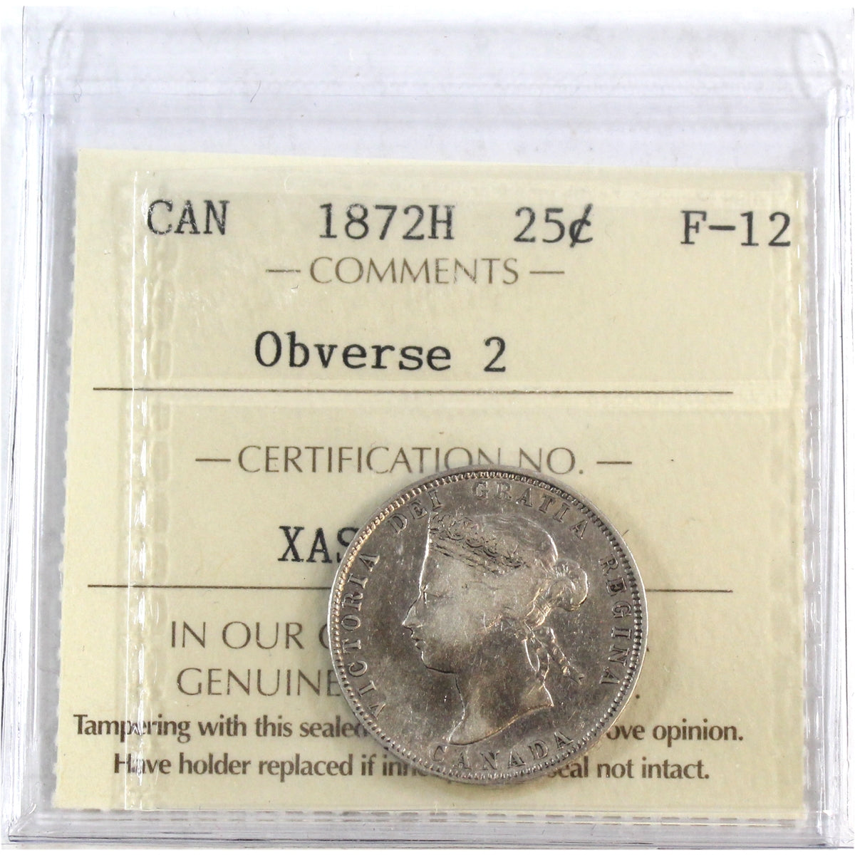 1872H Obv. 2 Canada 25-cents ICCS Certified F12