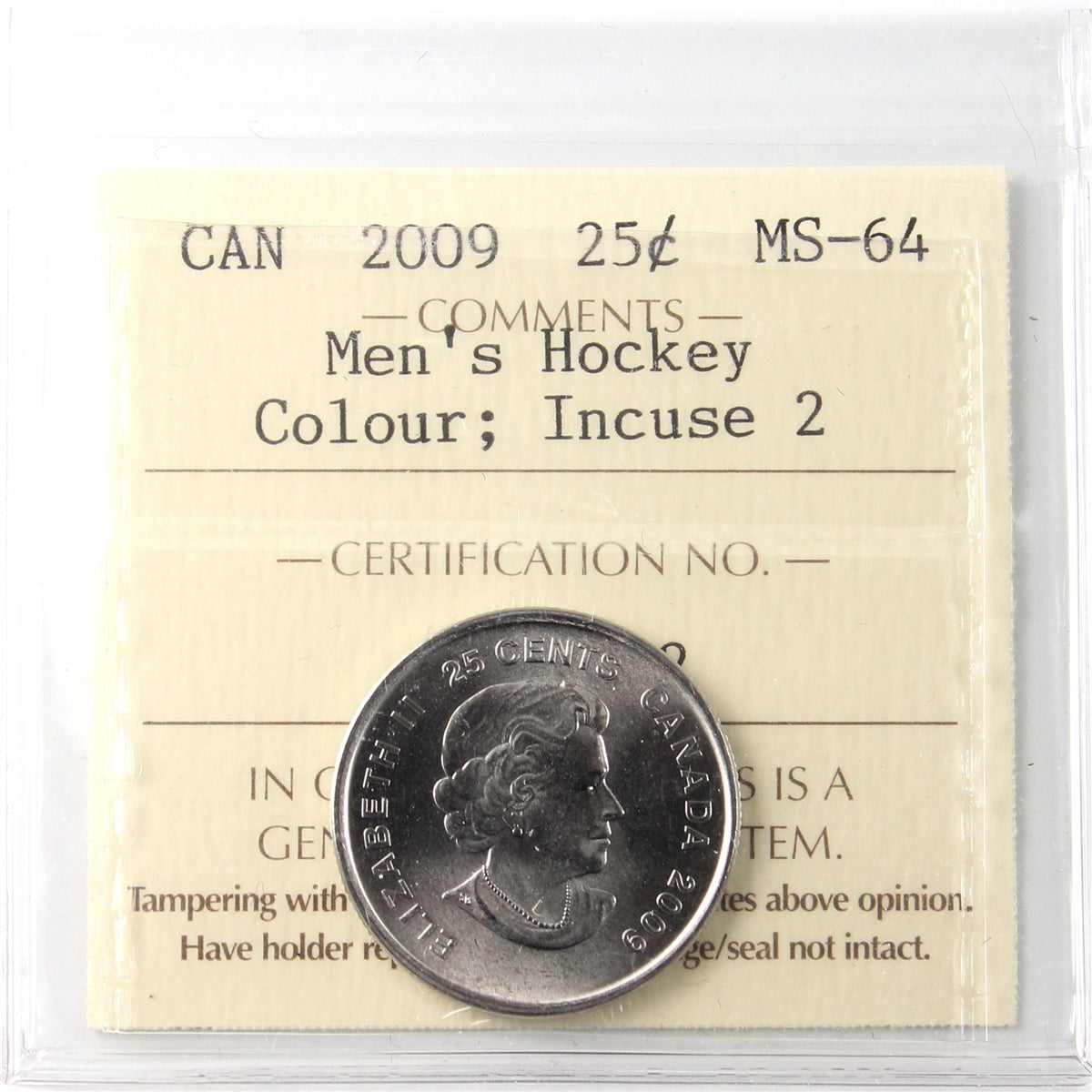 2009 Coloured Men's Hockey, Incuse 2 Canada 25-cents ICCS Certified MS64