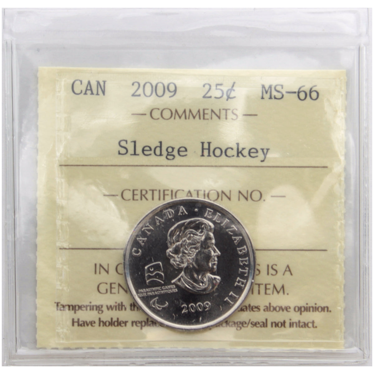 2009 Sledge Hockey Canada 25-cents ICCS Certified MS66