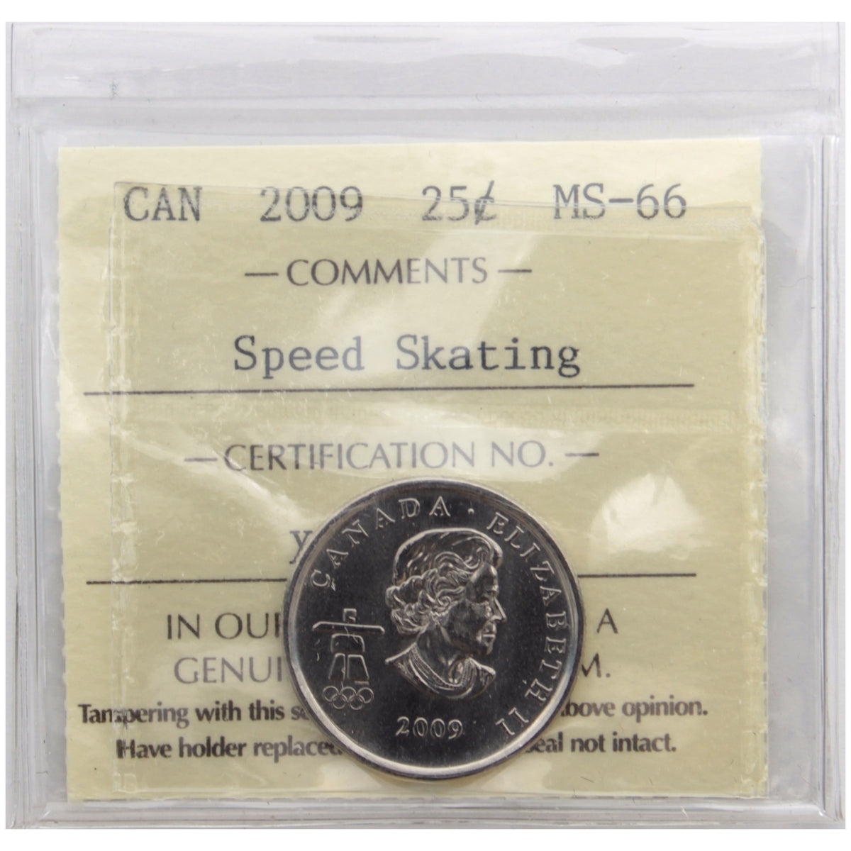 2009 Speed Skating Canada 25-cents ICCS Certified MS66