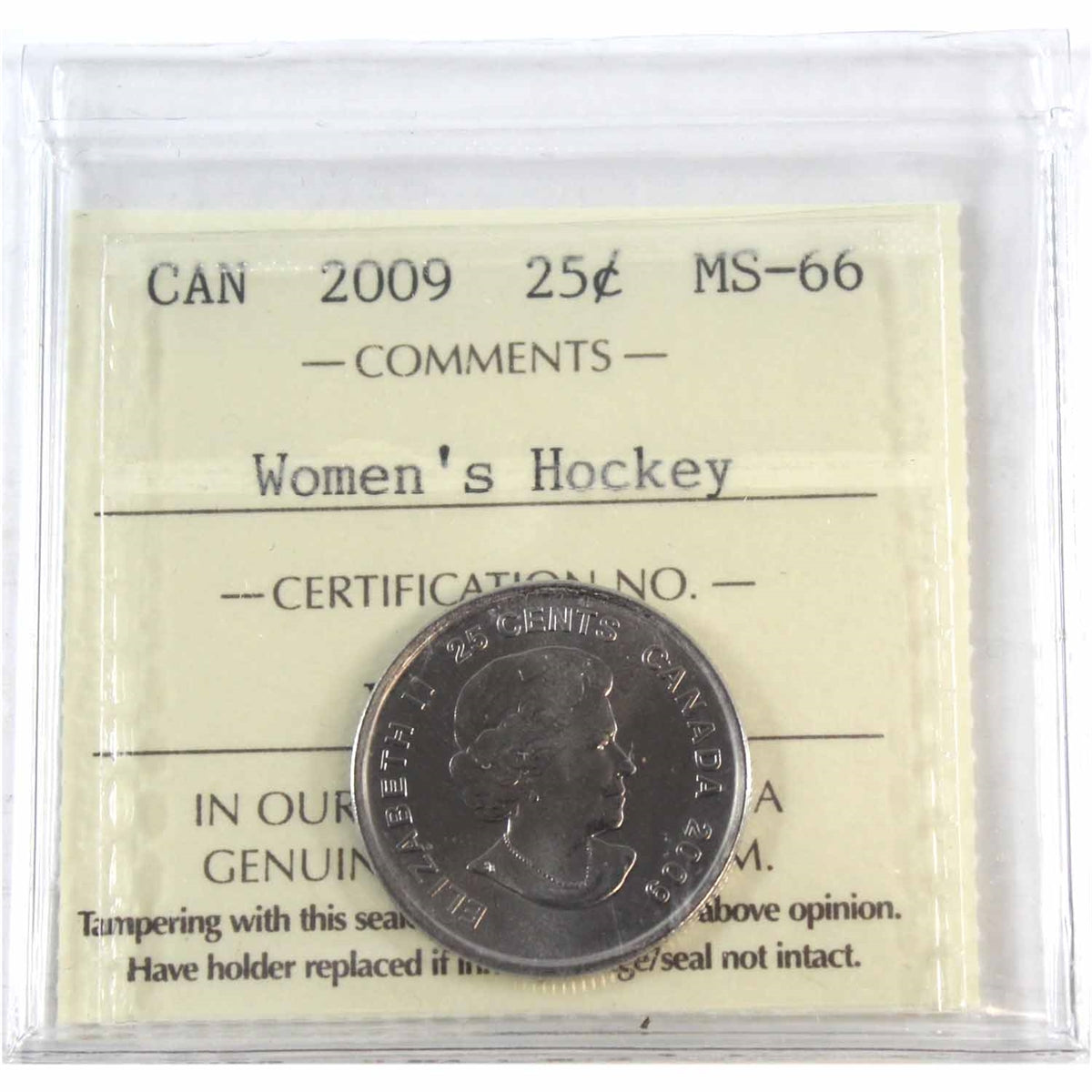 2009 Women's Hockey Canada 25-cents ICCS Certified MS66