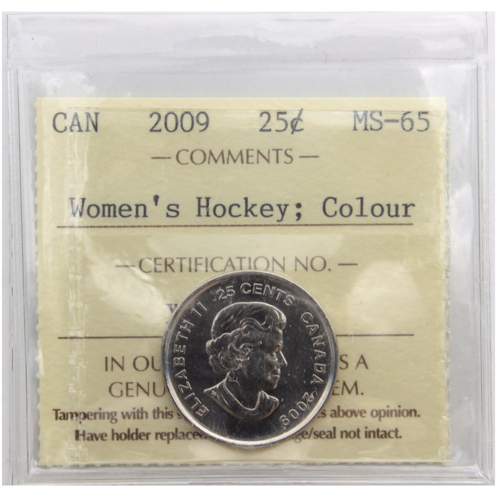2009 Women's Hockey Coloured Canada 25-cents ICCS Certified MS65
