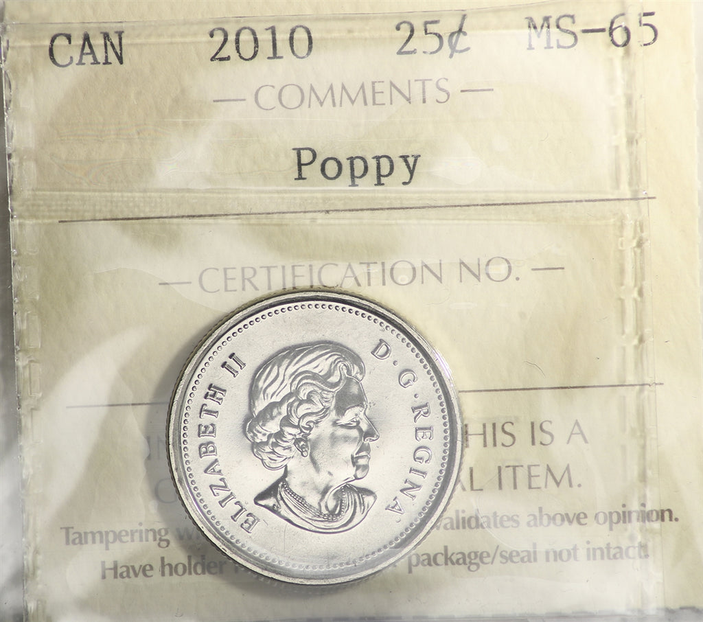 2010 Poppy Canada 25-cents ICCS Certified MS65