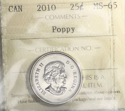 2010 Poppy Canada 25-cents ICCS Certified MS65