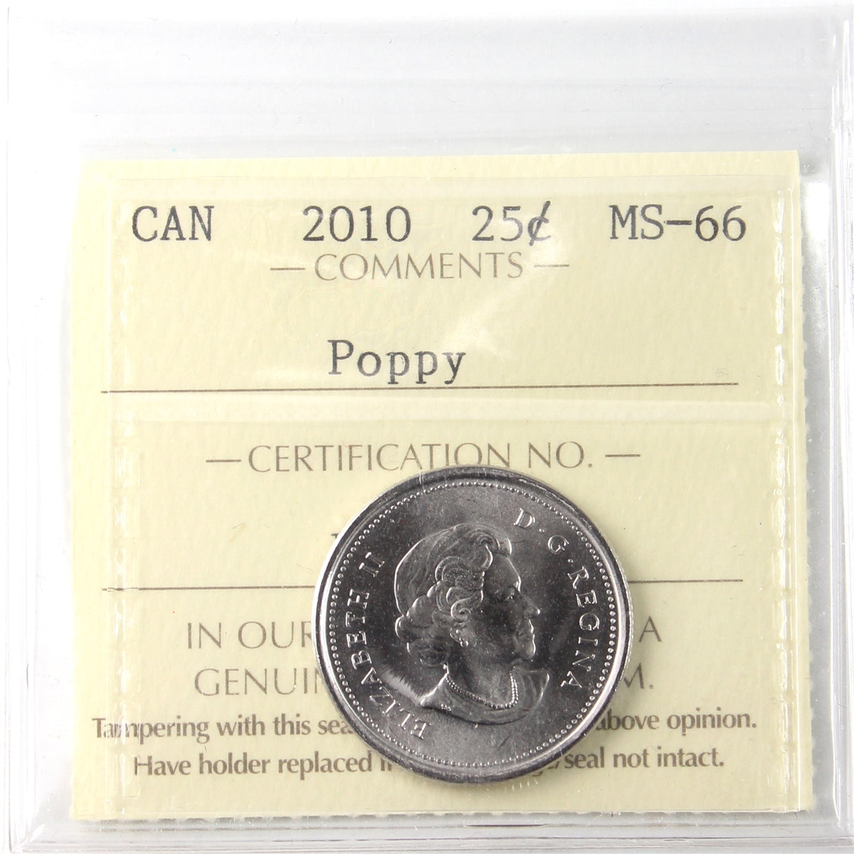 2010 Poppy Canada 25-cents ICCS Certified MS66