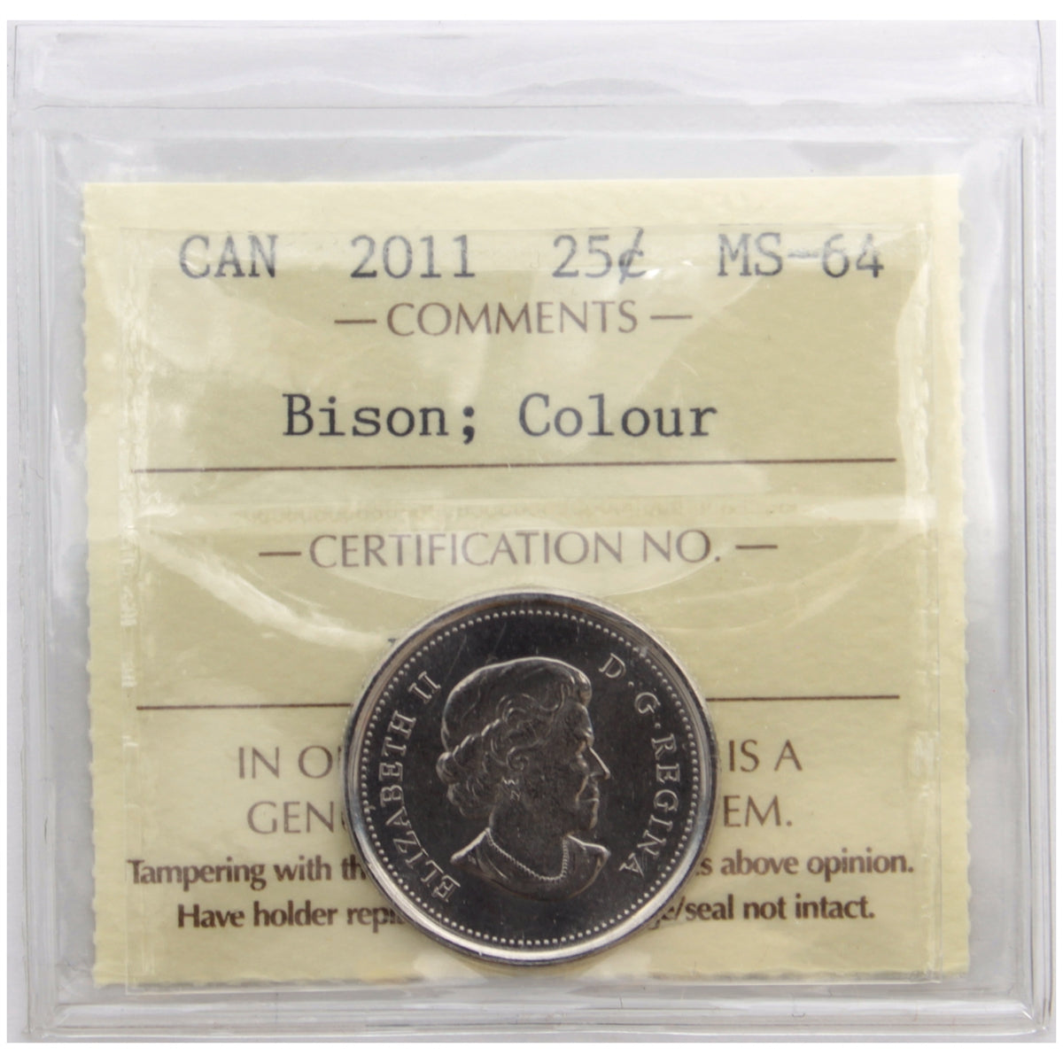 2011 Bison Coloured Canada 25-cents ICCS Certified MS64