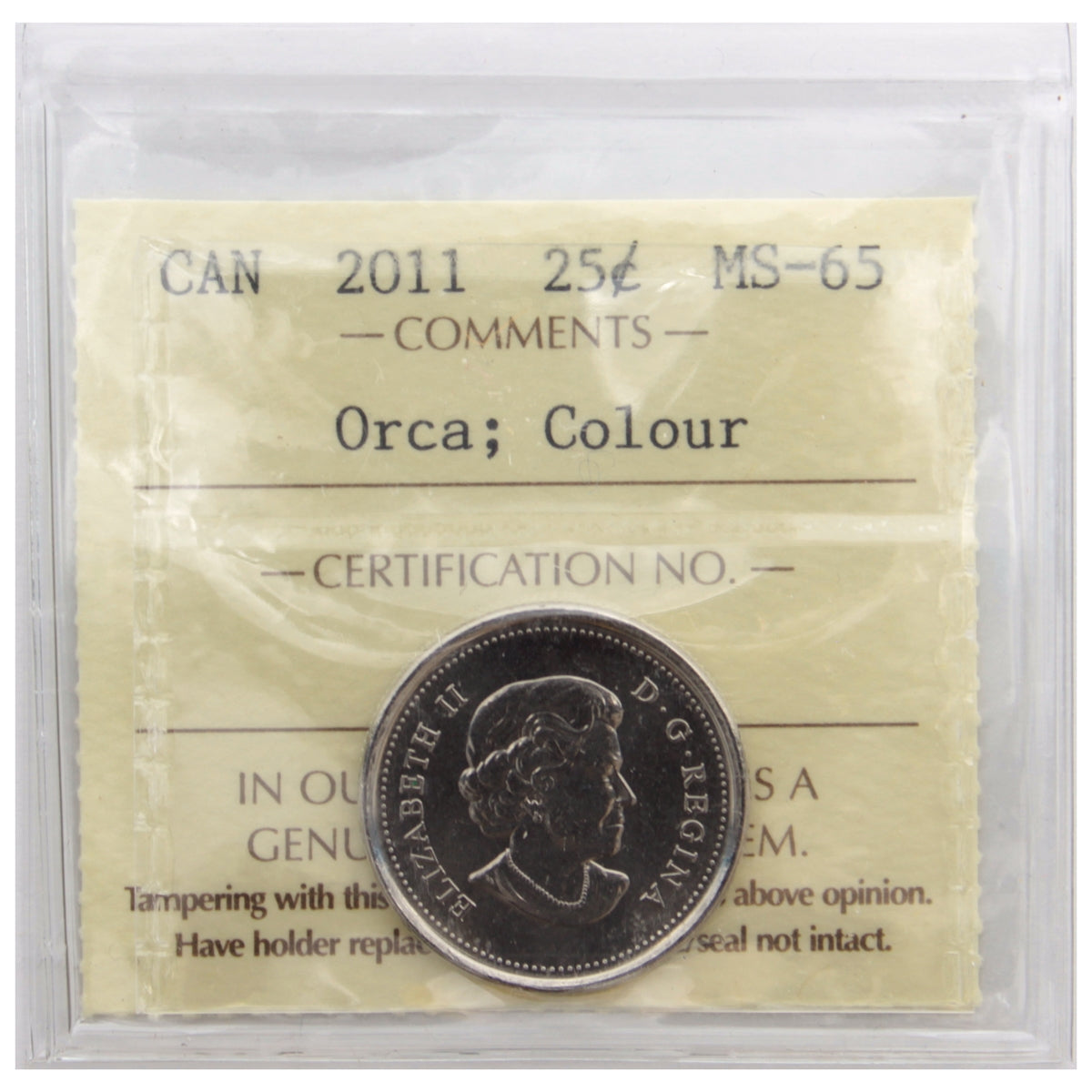 2011 Orca Coloured Canada 25-cents ICCS Certified MS65
