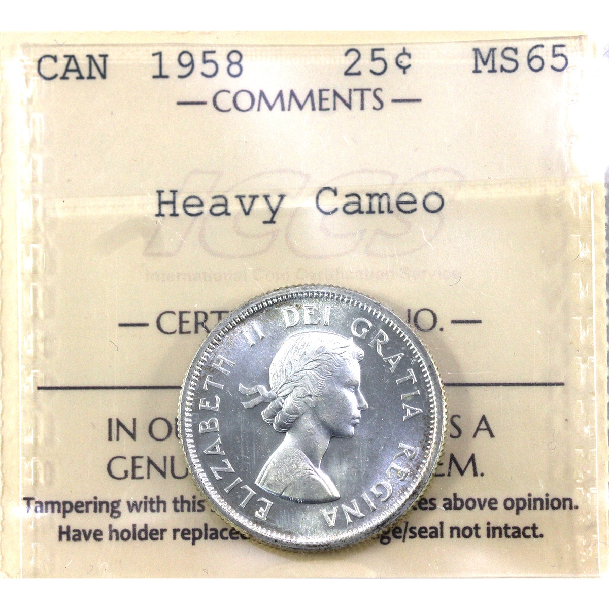 1958 Canada 25-cents ICCS Certified MS65 Heavy Cameo