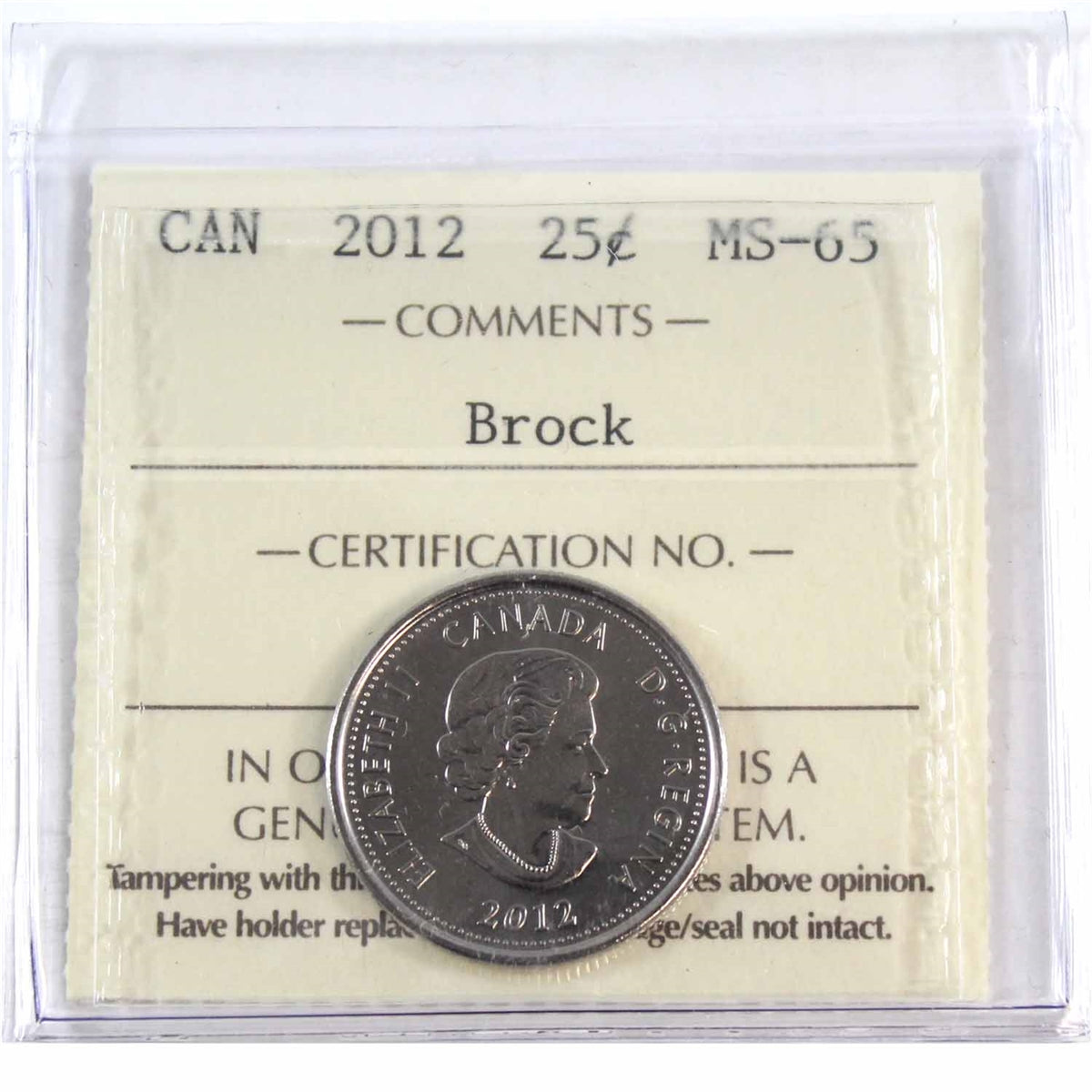 2012 Brock Canada 25-cents ICCS Certified MS65