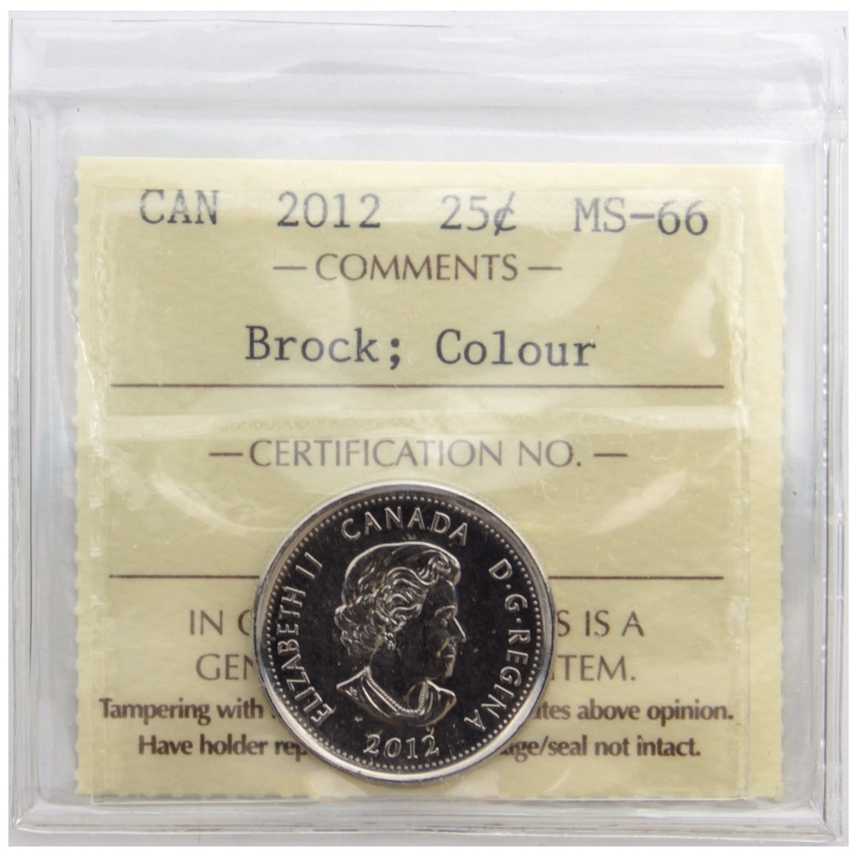 2012 Brock Coloured Canada 25-cents ICCS Certified MS66