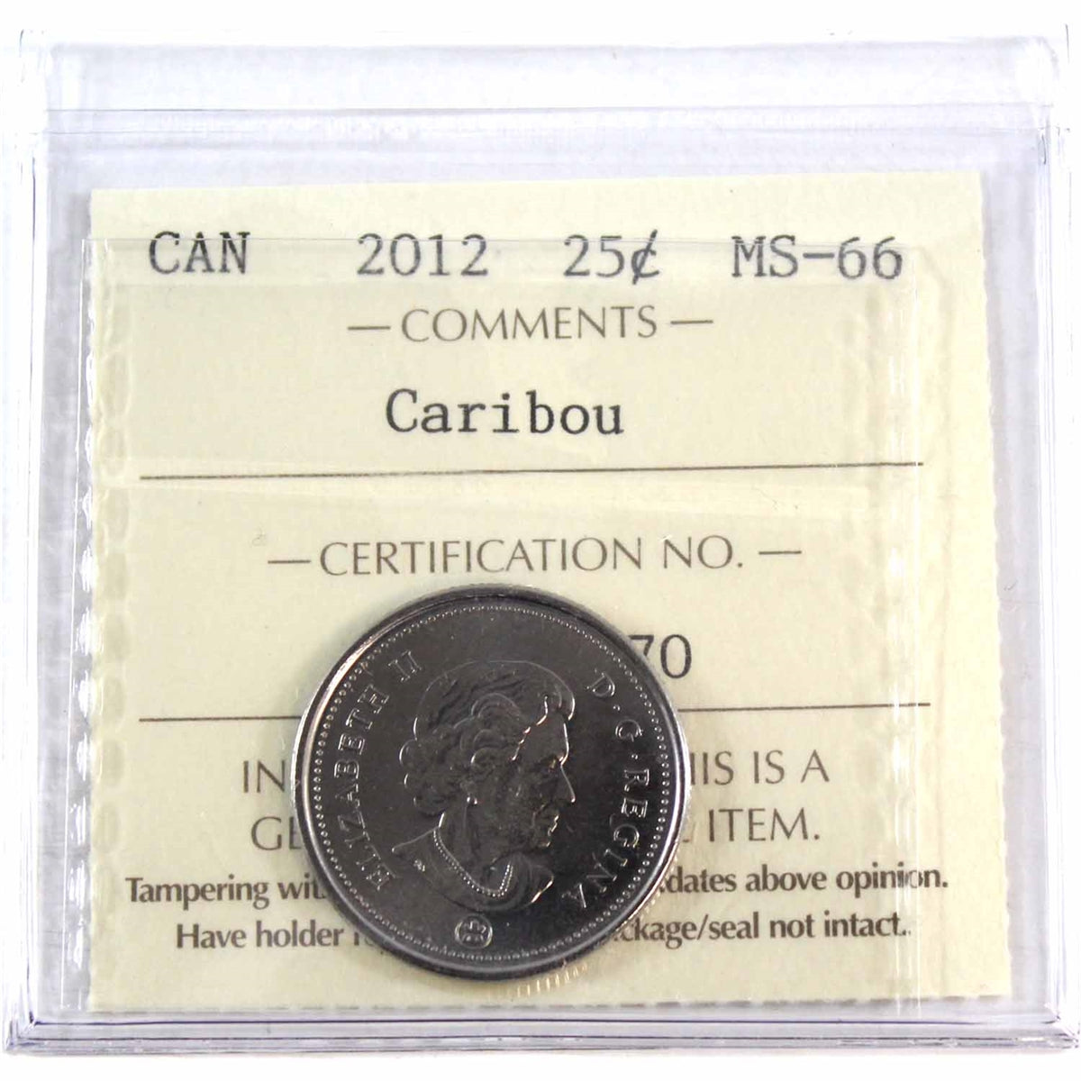 2012 Caribou Canada 25-cents ICCS Certified MS66