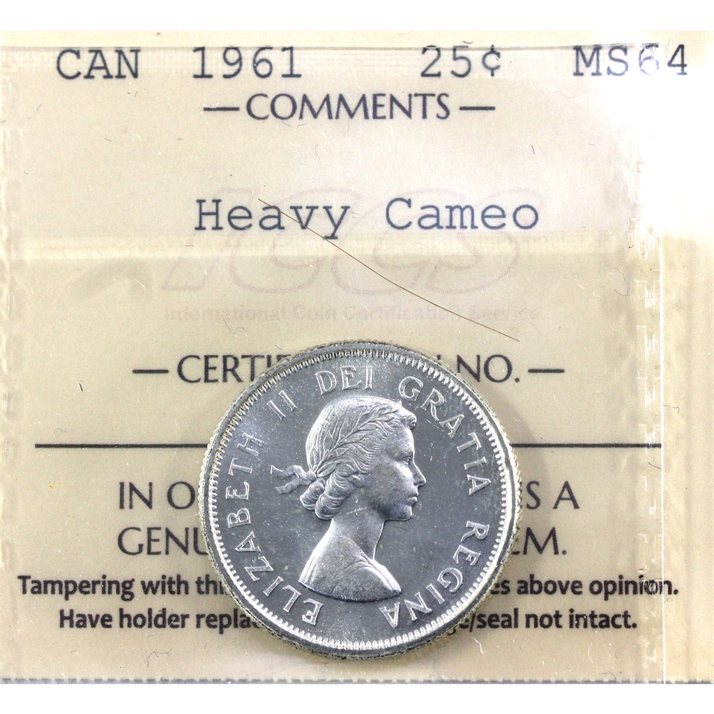 1961 Canada 25-cents ICCS Certified MS64 Heavy Cameo