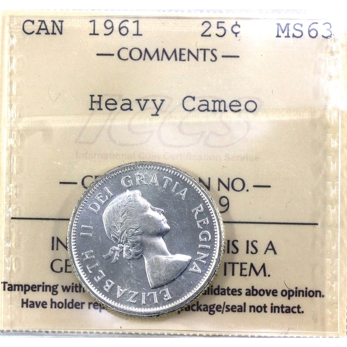 1961 Canada 25-cents ICCS Certified MS63 Heavy Cameo