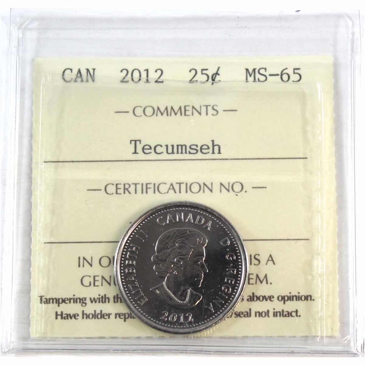2012 Tecumseh Canada 25-cents ICCS Certified MS65