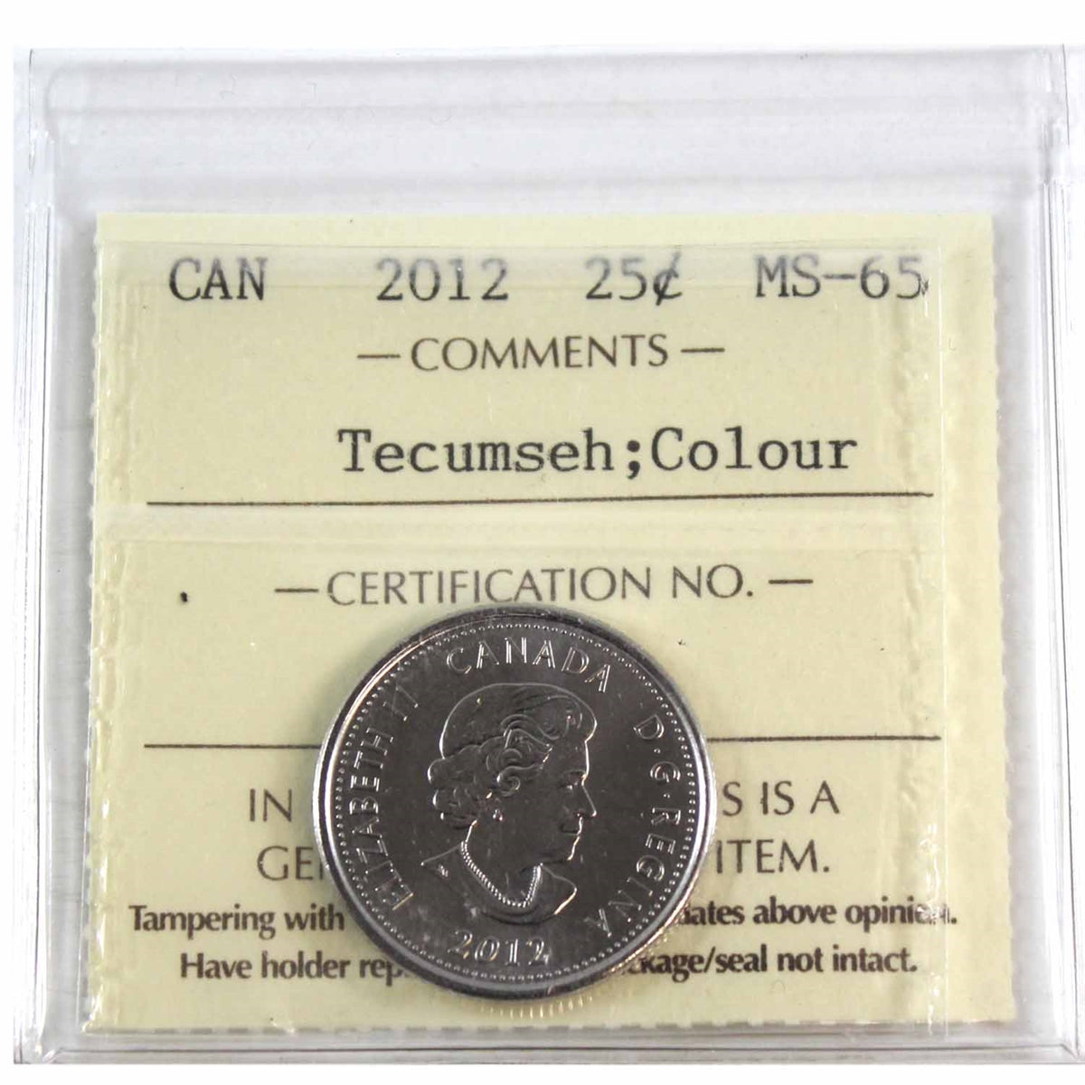 2012 Tecumseh Coloured Canada 25-cents ICCS Certified MS65