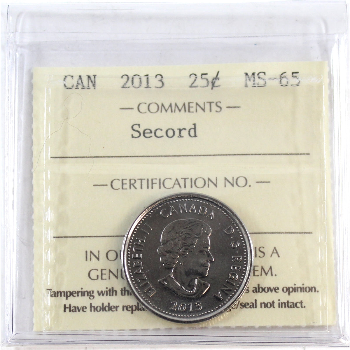 2013 Secord Canada 25-cents ICCS Certified MS65