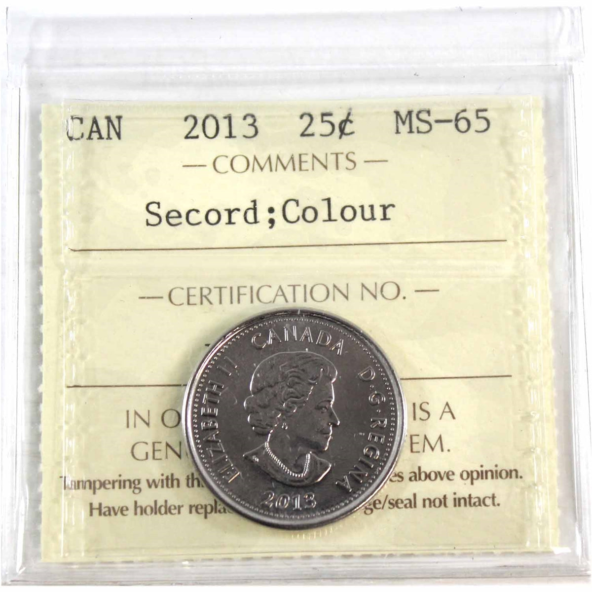 2013 Secord Coloured Canada 25-cents ICCS Certified MS65