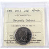 2013 Secord Coloured Canada 25-cents ICCS Certified MS66