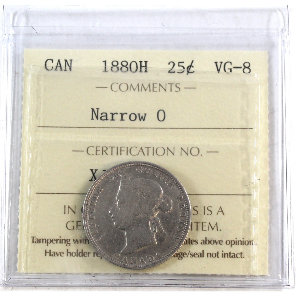 1880H Narrow O Canada 25-cents ICCS Certified VG8