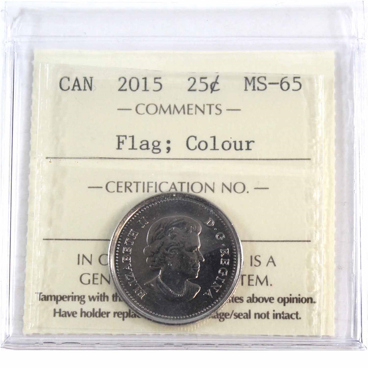 2015 Coloured Flag Canada 25-cents ICCS Certified MS65