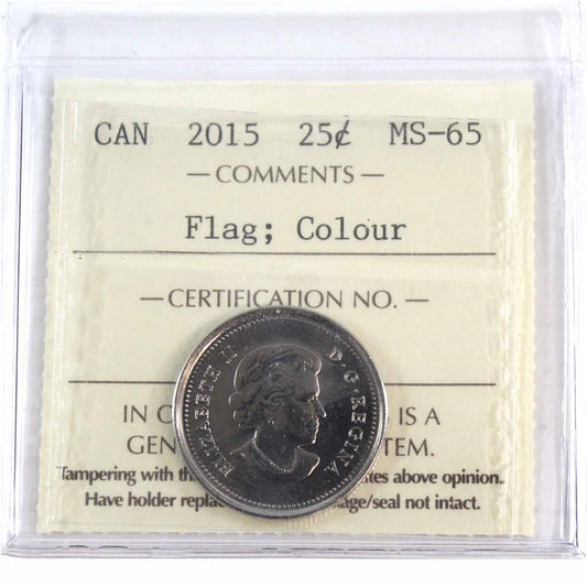 2015 Coloured Flag Canada 25-cents ICCS Certified MS65