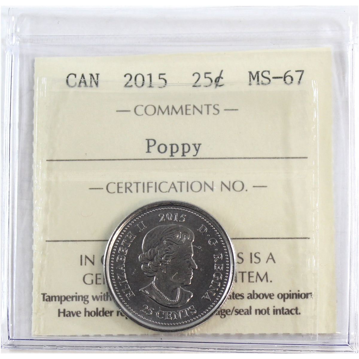 2015 Poppy Canada 25-cents ICCS Certified MS67