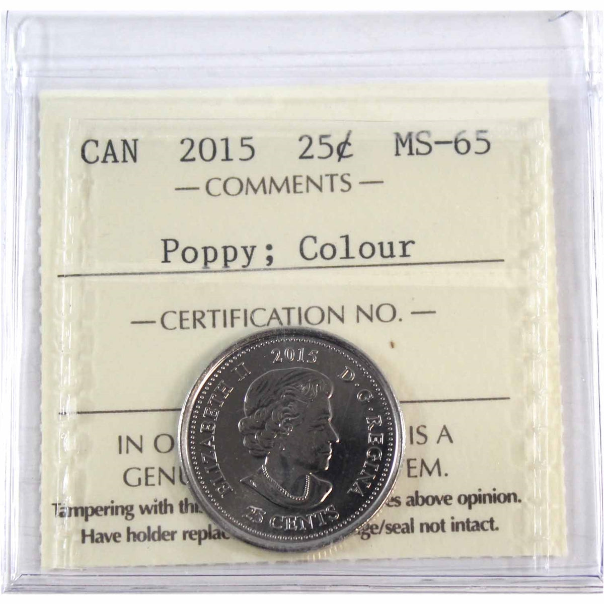 2015 Poppy Coloured Canada 25-cents ICCS Certified MS65