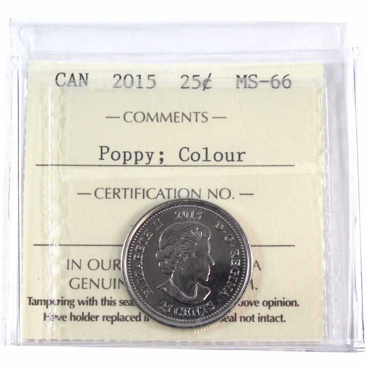 2015 Poppy Coloured Canada 25-cents ICCS Certified MS66