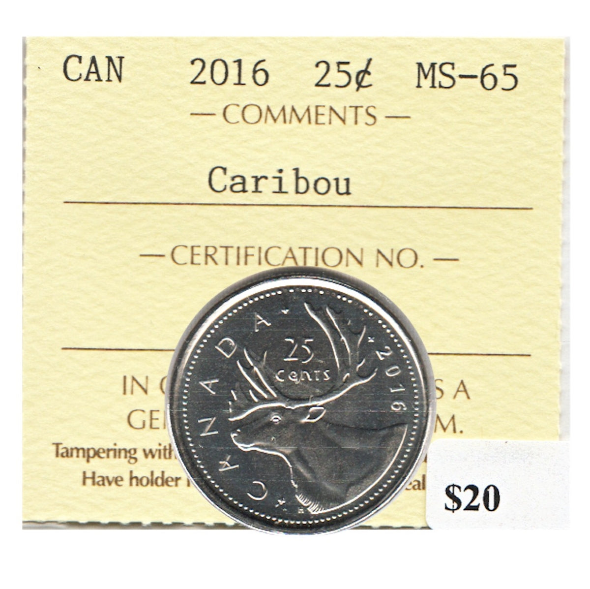 2016 Caribou Canada 25-cents ICCS Certified MS65