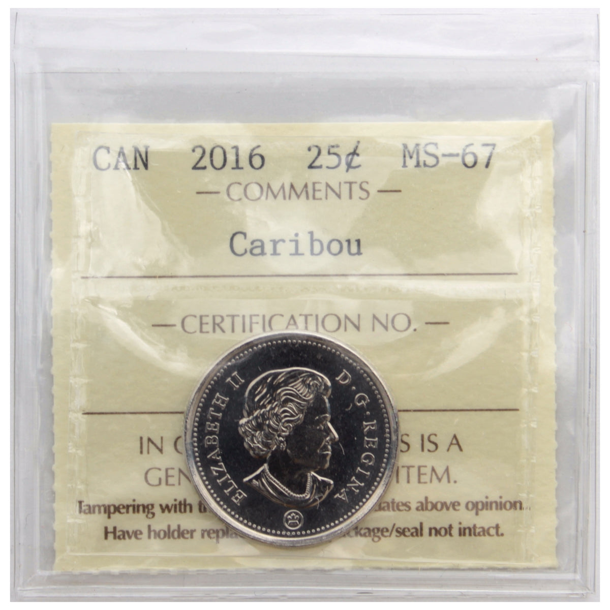 2016 Canada 25-cents ICCS Certified MS67