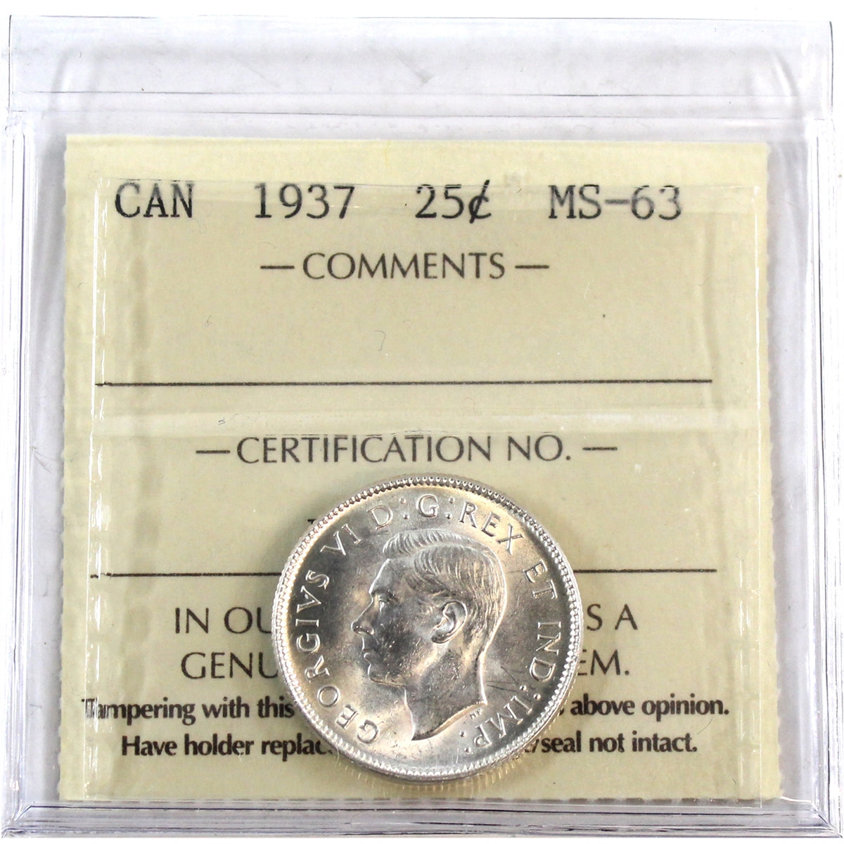 1937 Canada 25-cents ICCS Certified MS63