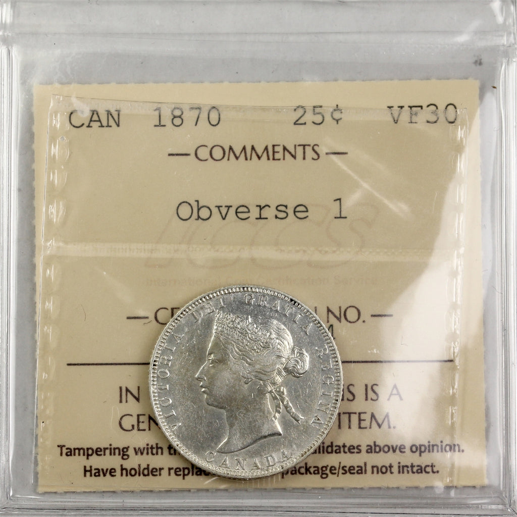 1870 Obv. 1 Canada 25-cents ICCS Certified VF30