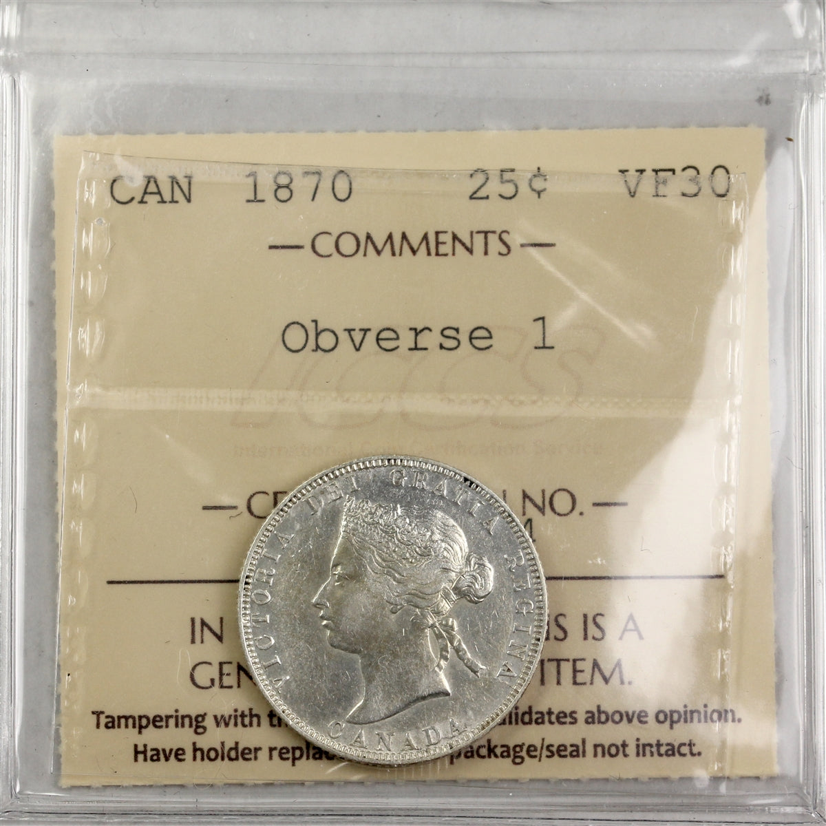 1870 Obv. 1 Canada 25-cents ICCS Certified VF30