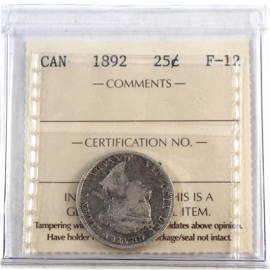 1892 Canada 25-cents ICCS Certified F12
