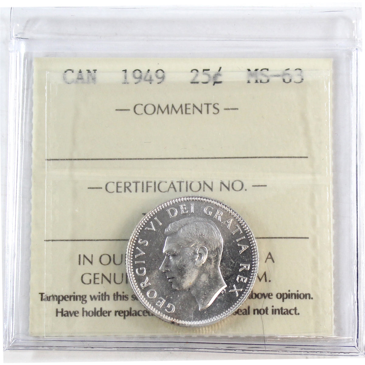 1949 Canada 25-cents ICCS Certified MS63