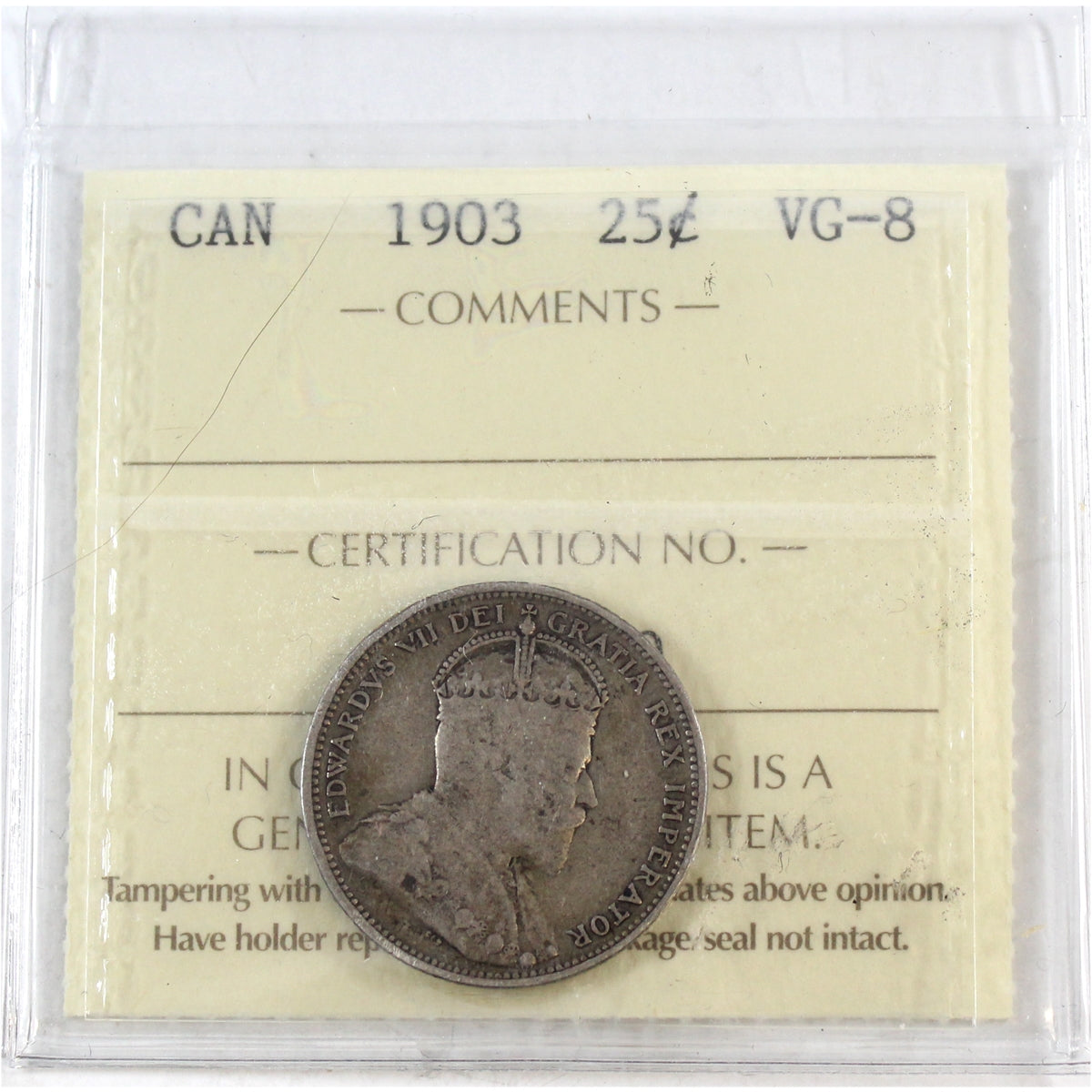 1903 Canada 25-cents ICCS Certified VG8