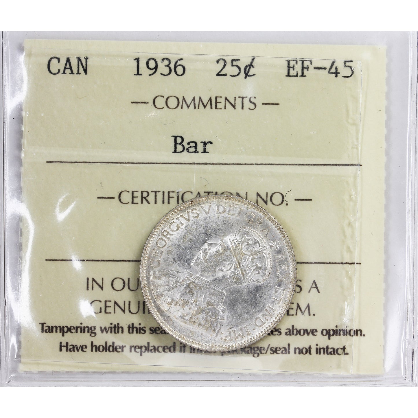 1936 Bar Canada 25-cents ICCS Certified EF45