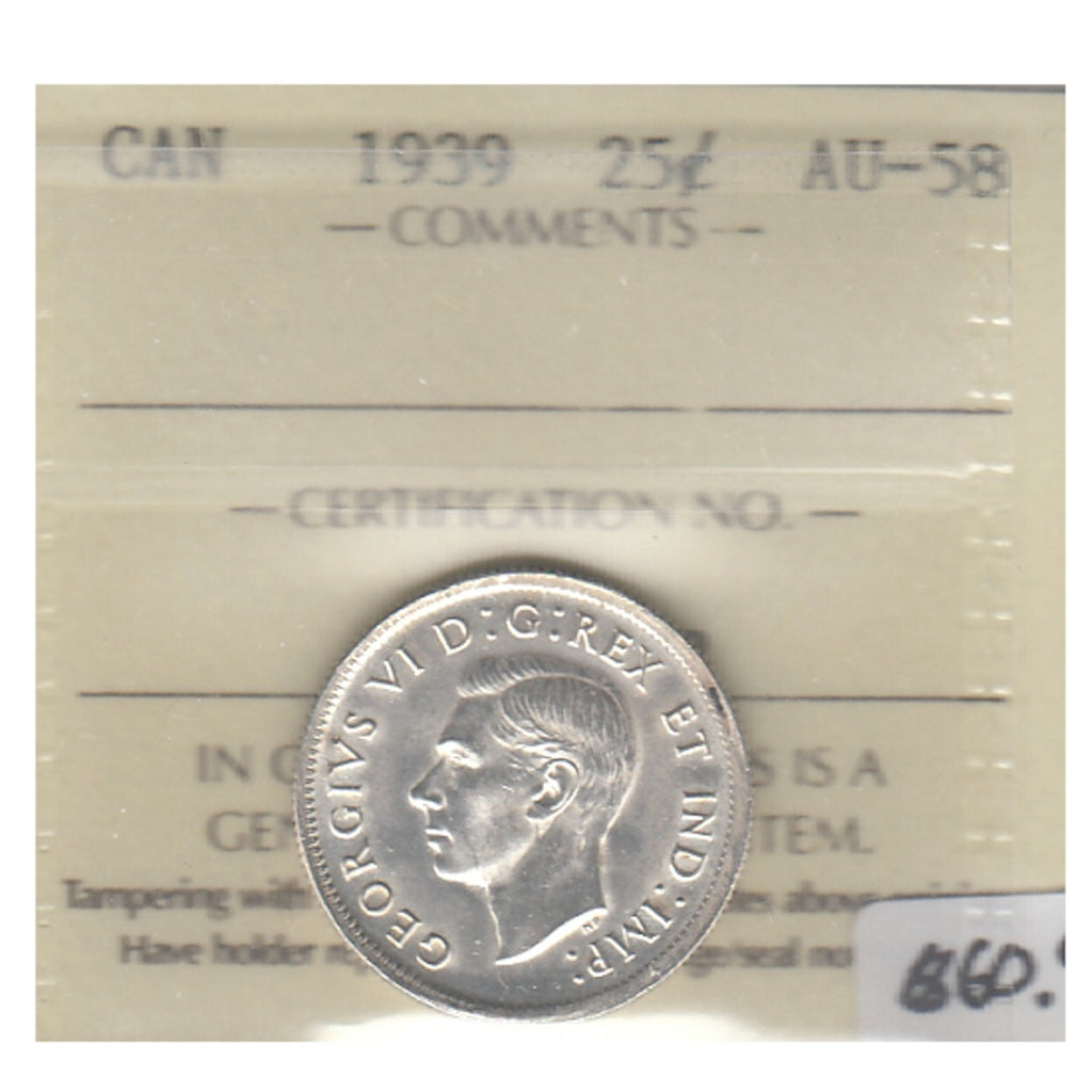 1939 Canada 25-cents ICCS Certified AU-58
