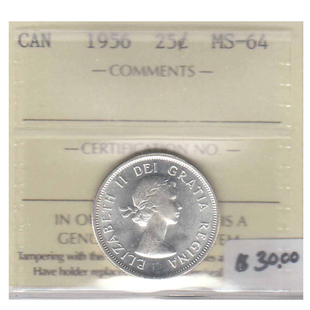 1956 Canada 25-cents ICCS Certified MS64