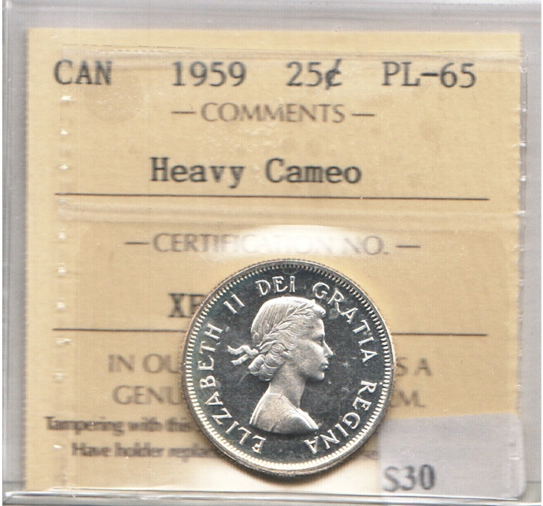 1959 Canada 25-cents ICCS Certified PL-65 Heavy Cameo