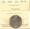 2000 Freedom Canada 25-cents ICCS Certified MS64