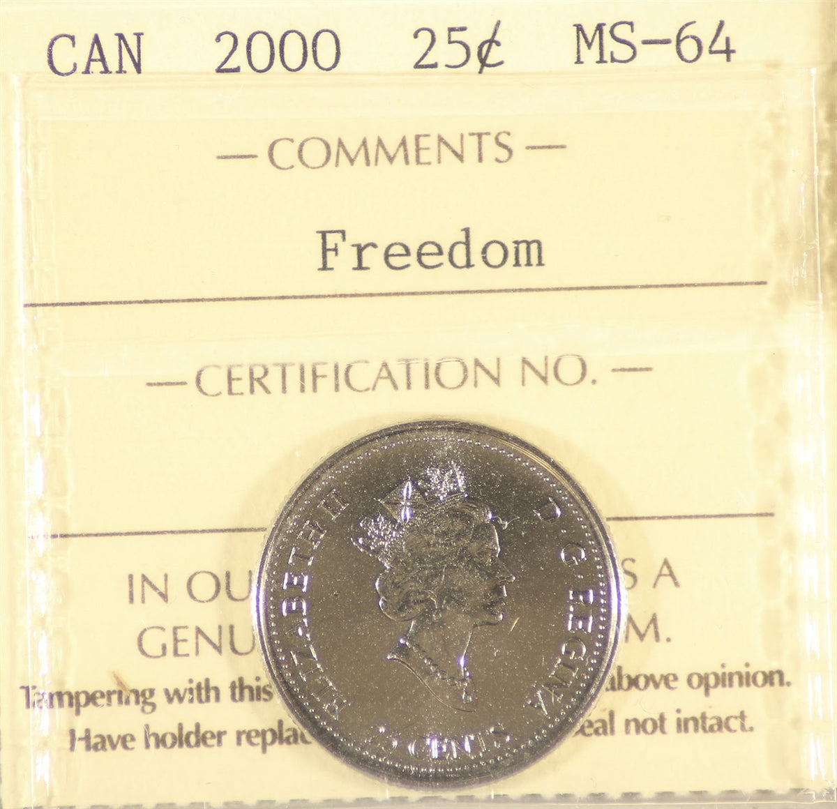 2000 Freedom Canada 25-cents ICCS Certified MS64