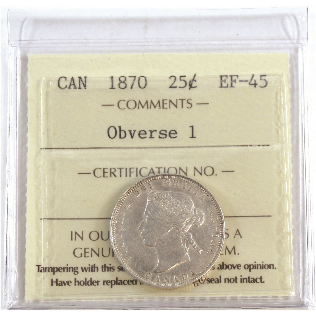 1870 Obv. 1 Canada 25-cents ICCS Certified EF45
