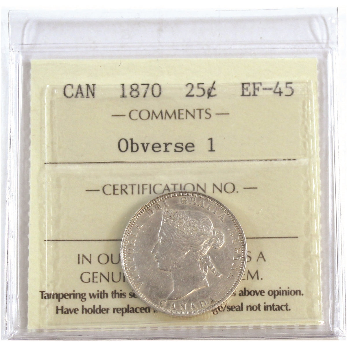 1870 Obv. 1 Canada 25-cents ICCS Certified EF45