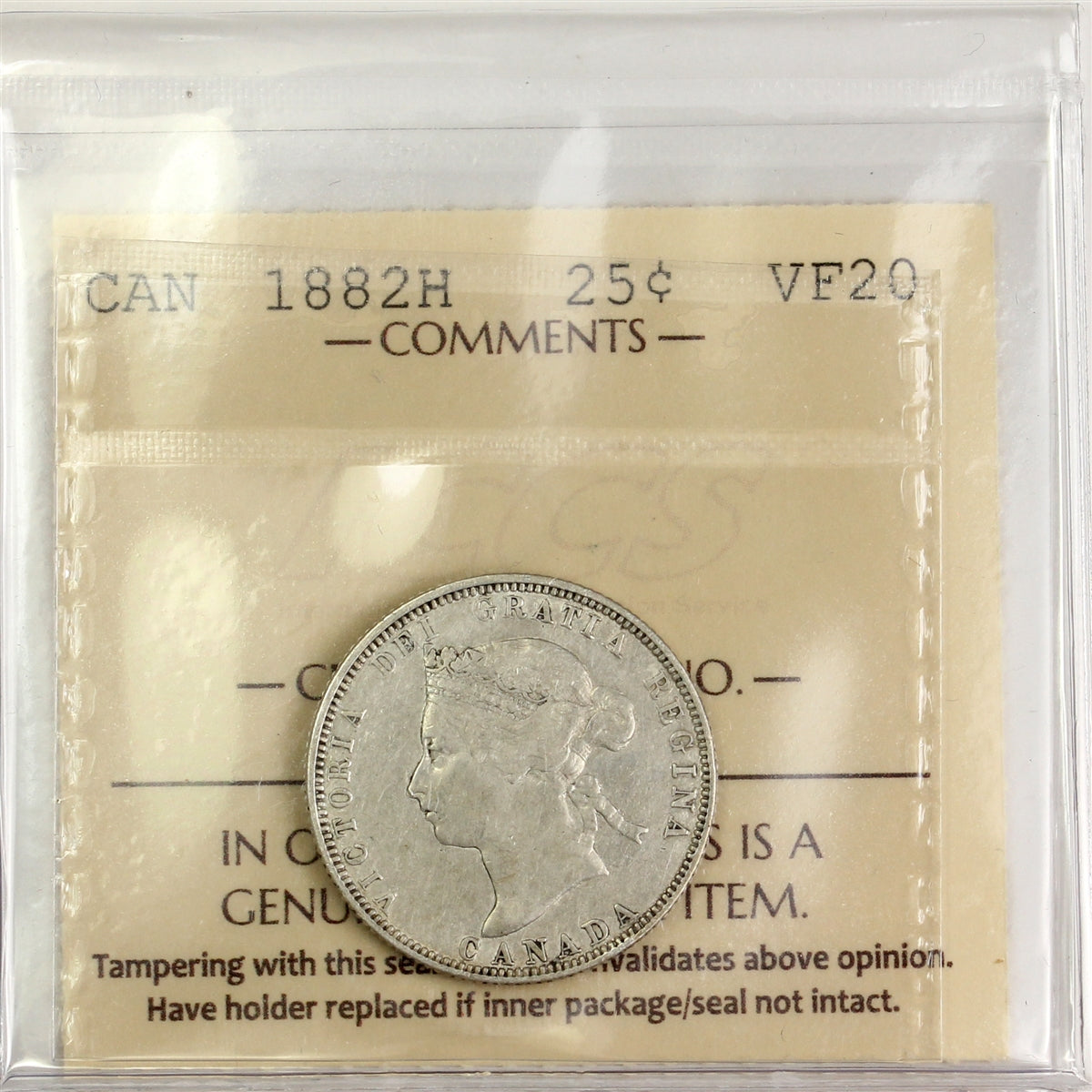 1882H Canada 25-cents ICCS Certified VF20