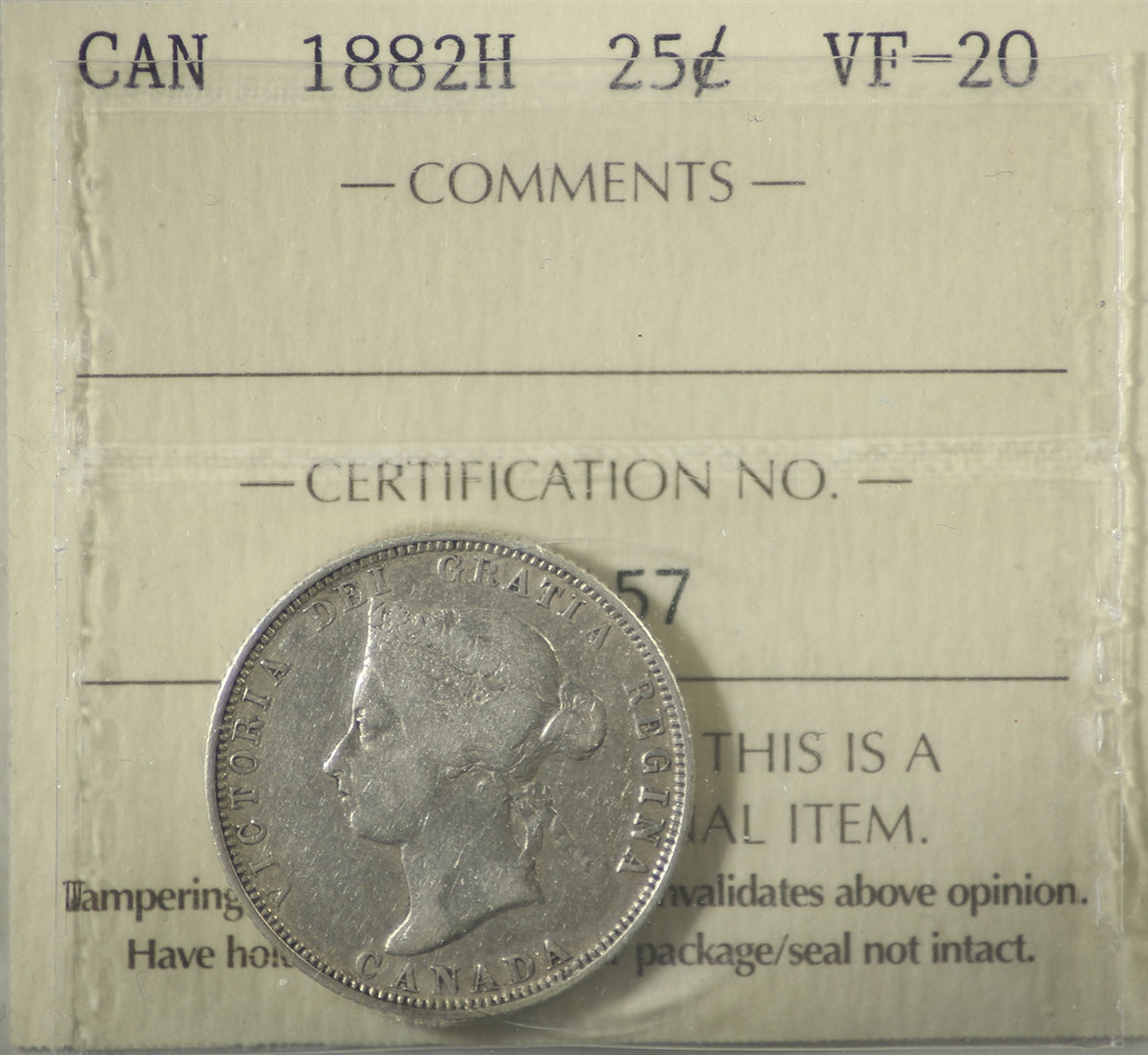 1882H Canada 25-cents ICCS Certified VF20 (XUM 157)