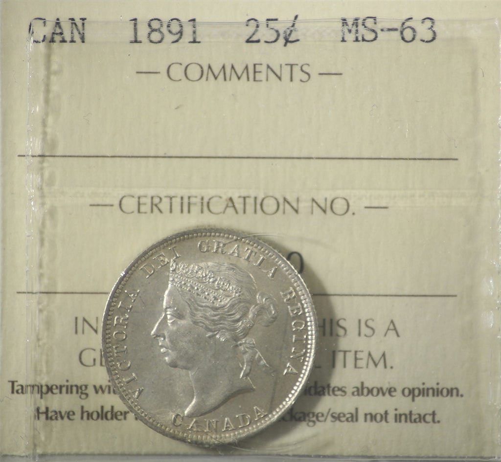 1891 Canada 25-cents ICCS Certified MS63 (XUM 160)